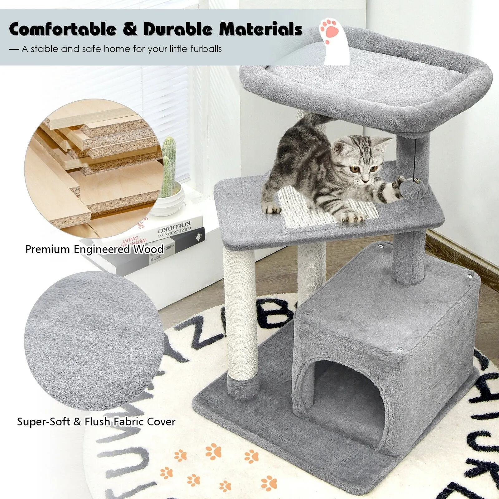 33.5" Cat Tree with Perch and Hanging Ball - Gray