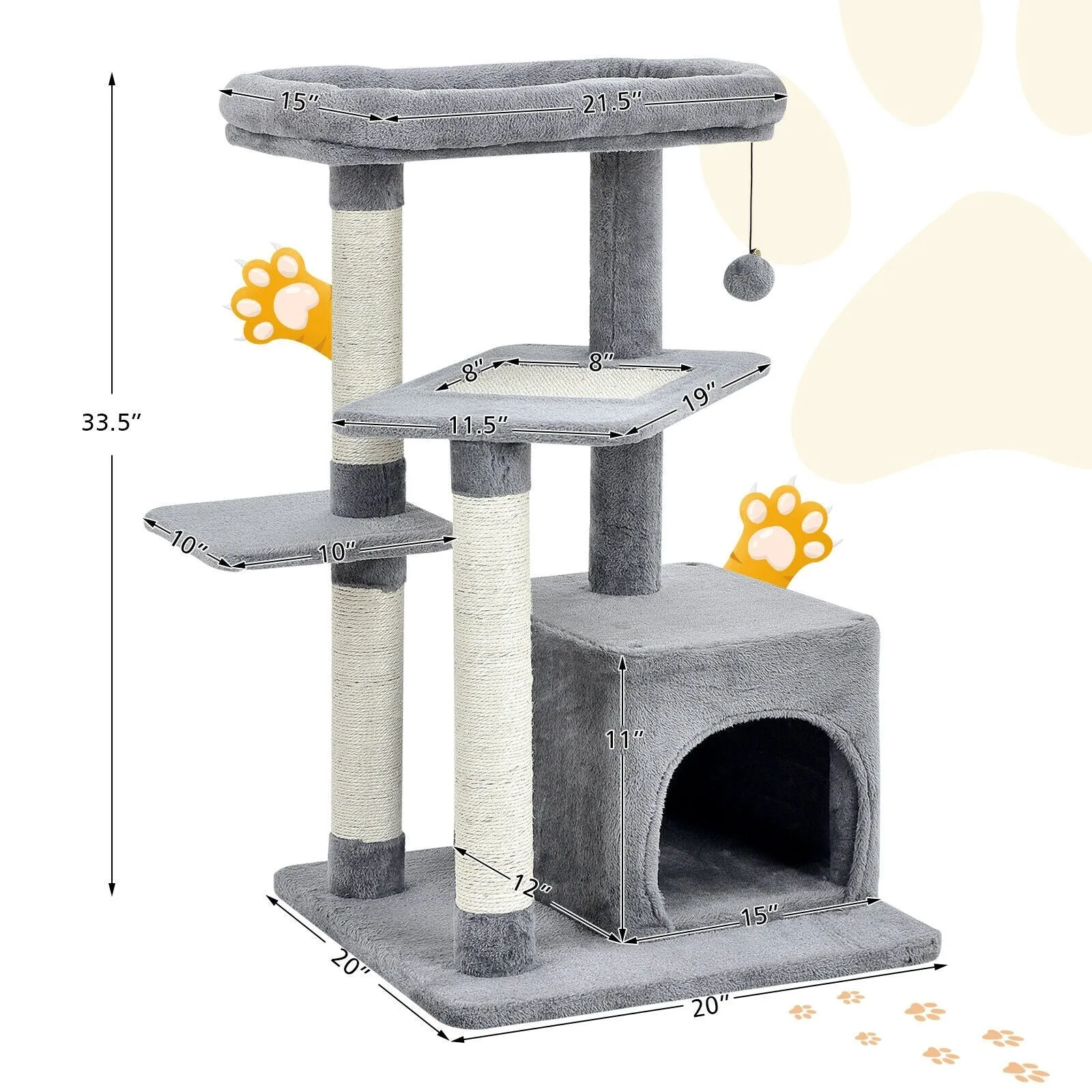 33.5" Cat Tree with Perch and Hanging Ball - Gray