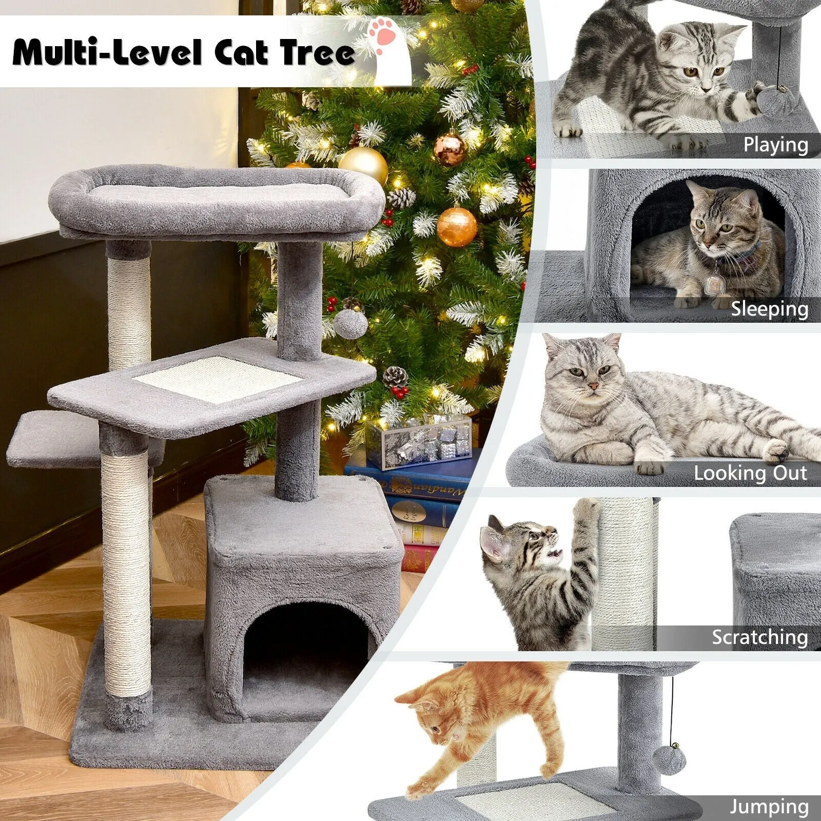33.5" Cat Tree with Perch and Hanging Ball - Gray