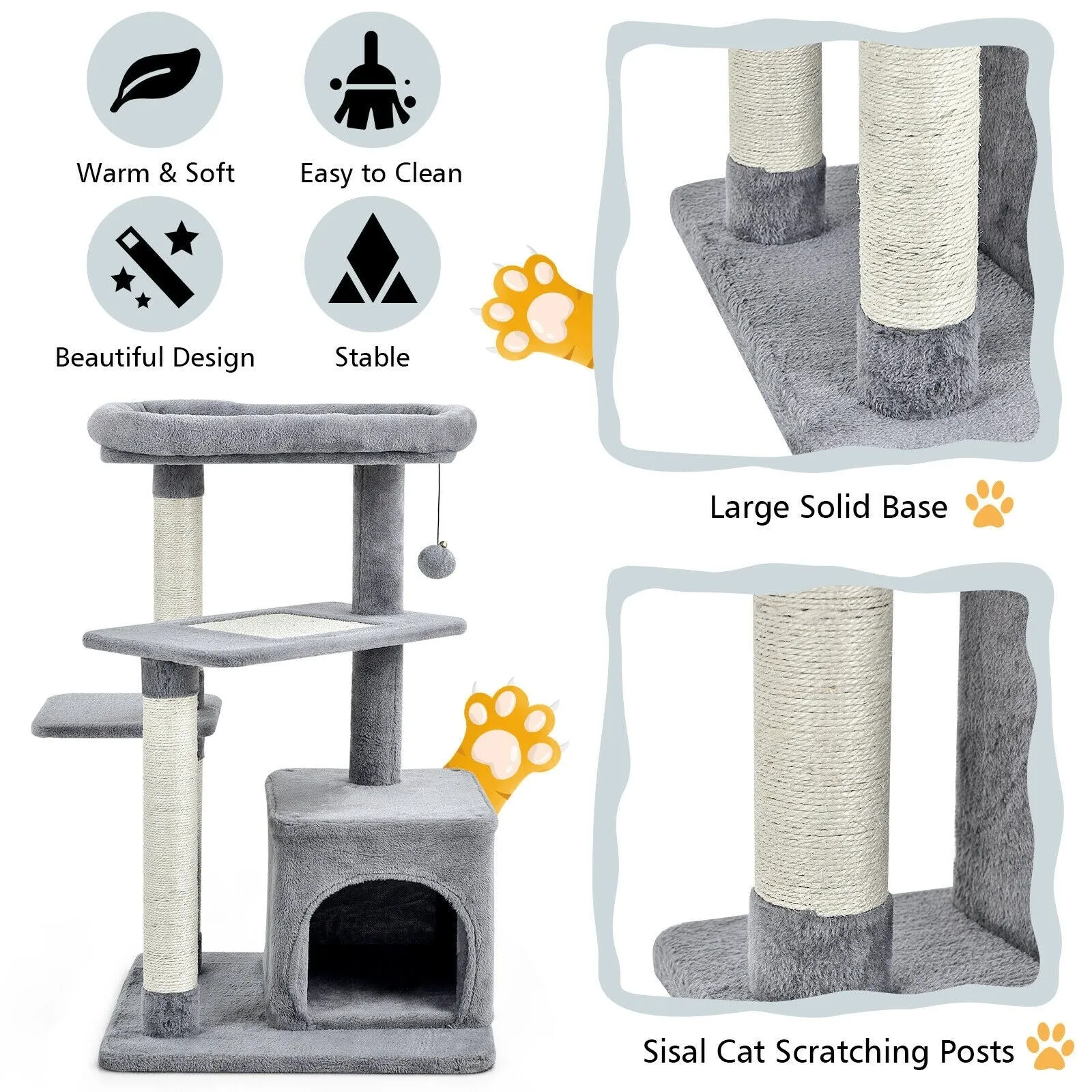 33.5" Cat Tree with Perch and Hanging Ball - Gray