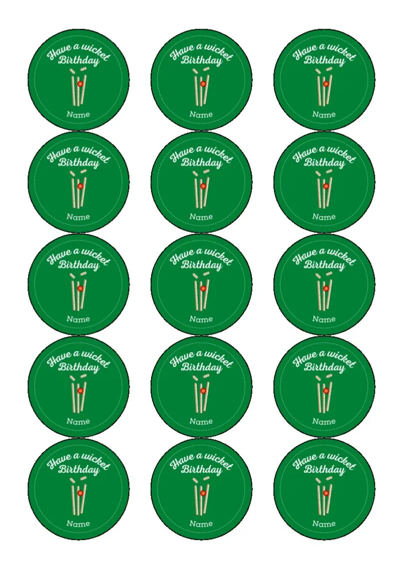 Have a wicket birthday - edible cupcake/cake toppers - personalise with name