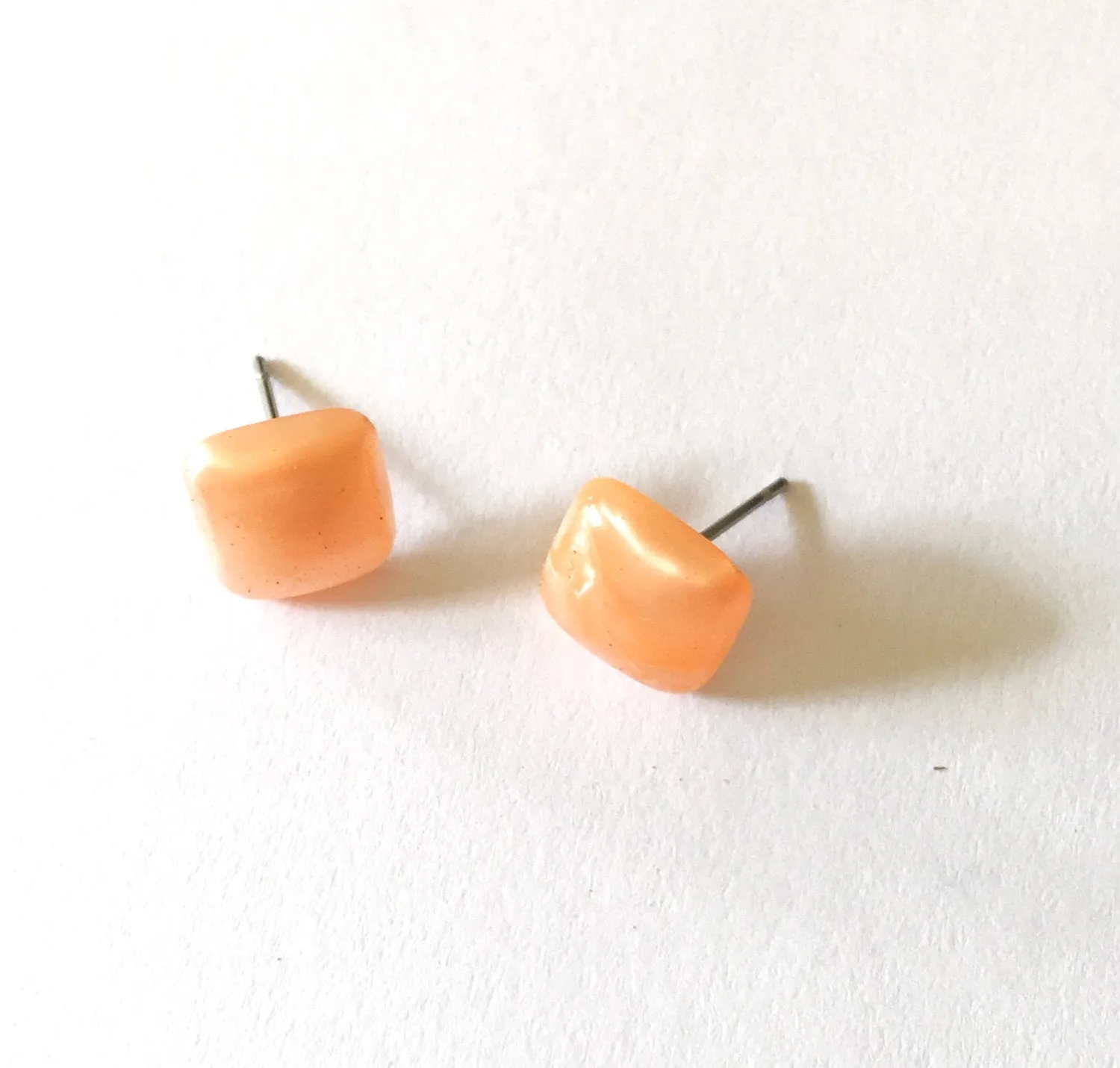 Peach Enamel Flat Square Stud Earrings