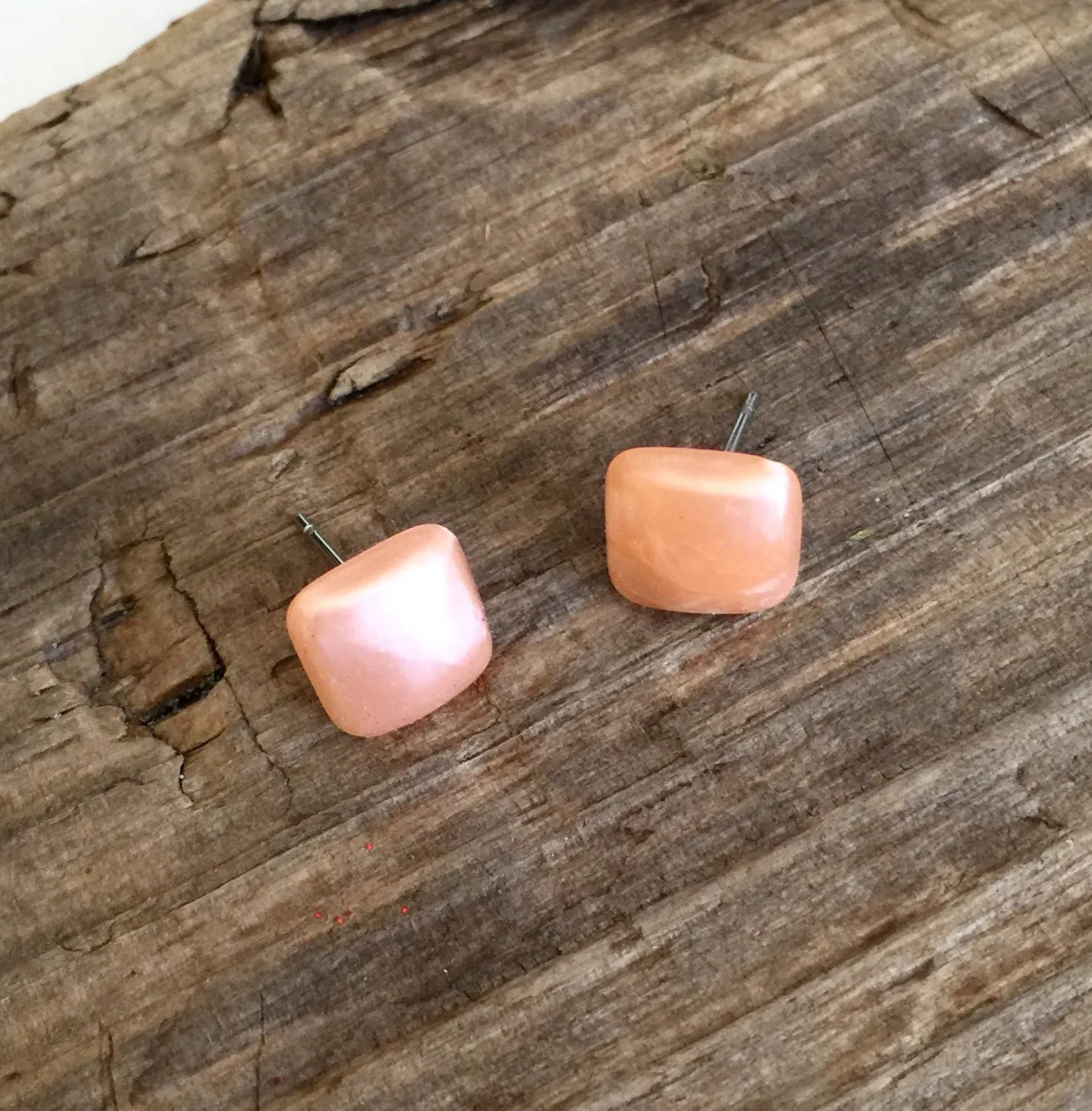 Peach Enamel Flat Square Stud Earrings
