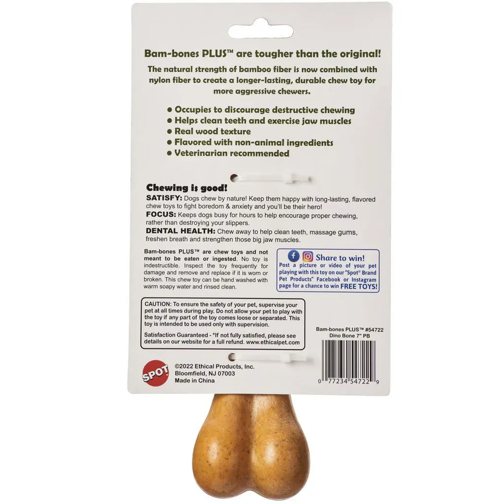 Spot Bam-Bones Plus Dino Bone Peanut Butter Flavor Dog Chew Toy, 7.25"
