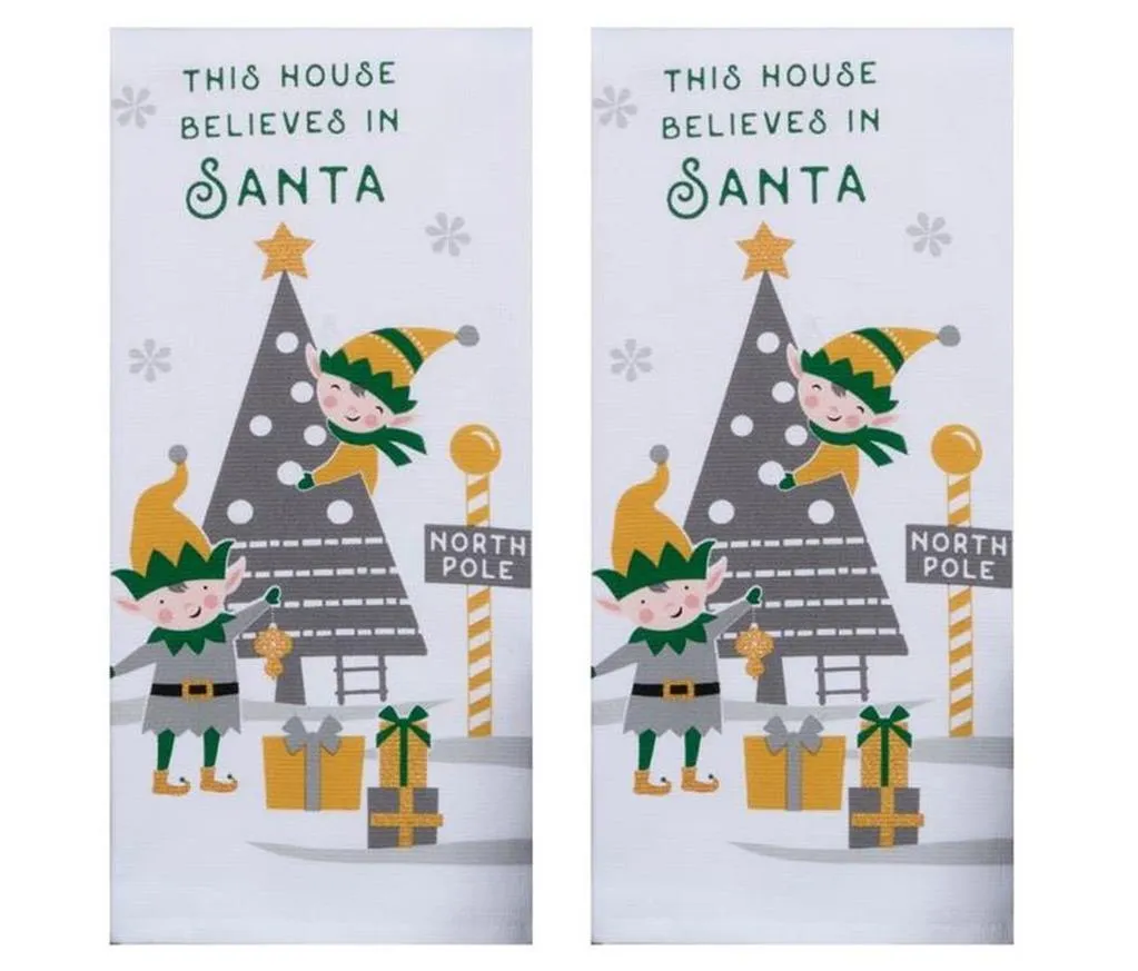 THIS HOUSE BELIEVES IN SANTA Elves Christmas Kitchen Towel Set of 2