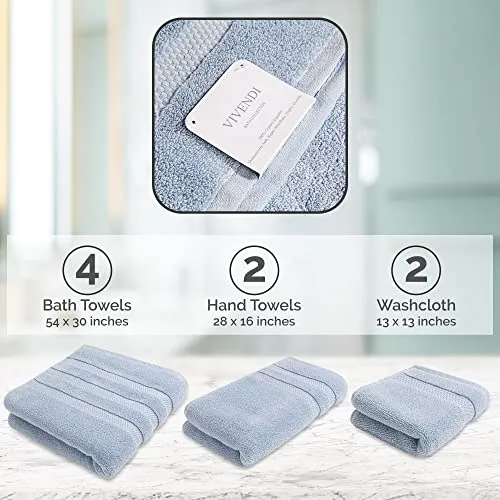 Vivendi 8-Piece Towel Set, 100% Cotton, Infinity Zero Twist (4 Bath Towels, 2 Hand Towels, 2 Wash Towels) Super Soft, Highly Absorbent Towels for Bathroom (Spa Blue)